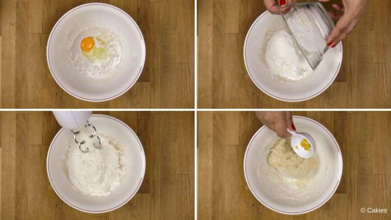 Collage of 4 photos. 1. egg being added to the bowl. 2. flour being added to the bowl. 3. a electric whisk is hovering over the bowl. 4. lemon zest being added to the bowl on top of the dough that's in the bowl.