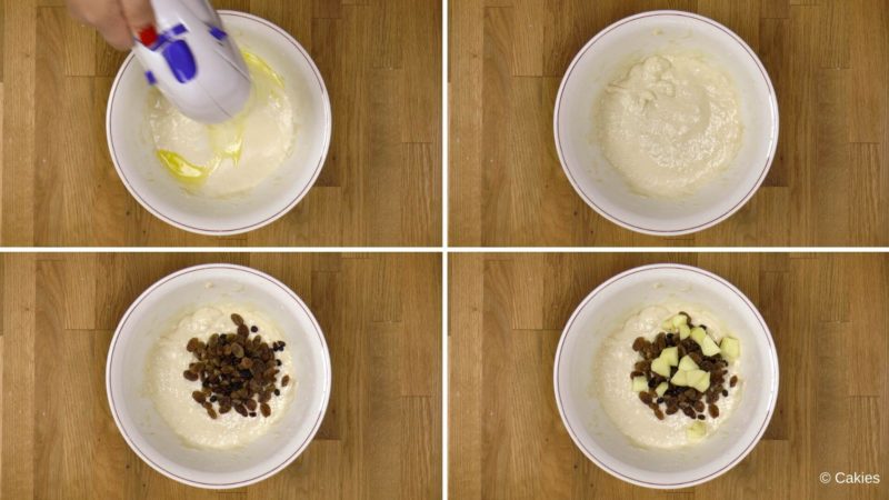 Collage of 4 photos. 1. batter is being mixed with an electric hand mixer. 2. finished batter in bowl. 3. currants and raisins on top of batter in bowl. 4. diced apples on top of currants, raisins and batter in bowl.