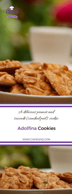 Adolfina cookies are delicious peanut and succade (candied peel) cookies. A delicious shortcrust dough topped with a mix of peanuts and succade (candied peel).