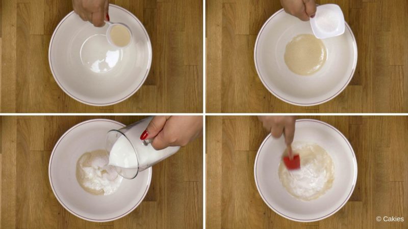 Collage van 4 foto's. 1. gist wordt toegevoegd aan een kom. 2. suiker wordt toegevoegd in de kom. 3. melk wordt toegevoegd in de kom. 4. gist, suiker en melk wordt met een spatel gemengd in de kom.