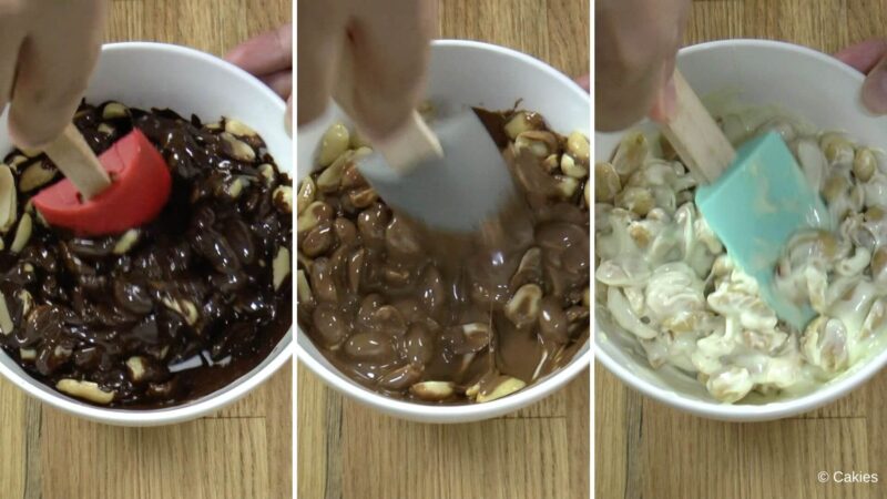 fotocollage met 3 foto's waarbij elke foto een kom met pinda's bevat die wordt geroerd door gesmolten chocolade (puur, melk en wit).