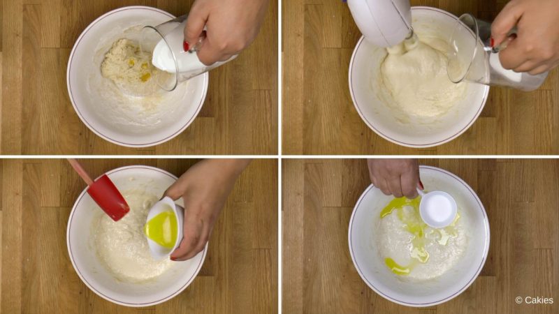 Collage van 4 foto's. 1. melk wordt toegevoegd aan de kom waar het deeg en de citroenrasp in zit. 2. electrische handmixer mengt het beslag in de kom terwijl er meer melk wordt toegevoegd. 3. gesmolten boter wordt toegevoegd aan de kom. 4. zout wordt toegevoegd aan de kom.